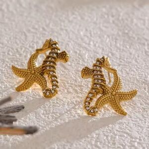 Seahorse Starfish Crystal 18K Gold Stainless Steel Waterproof Earrings